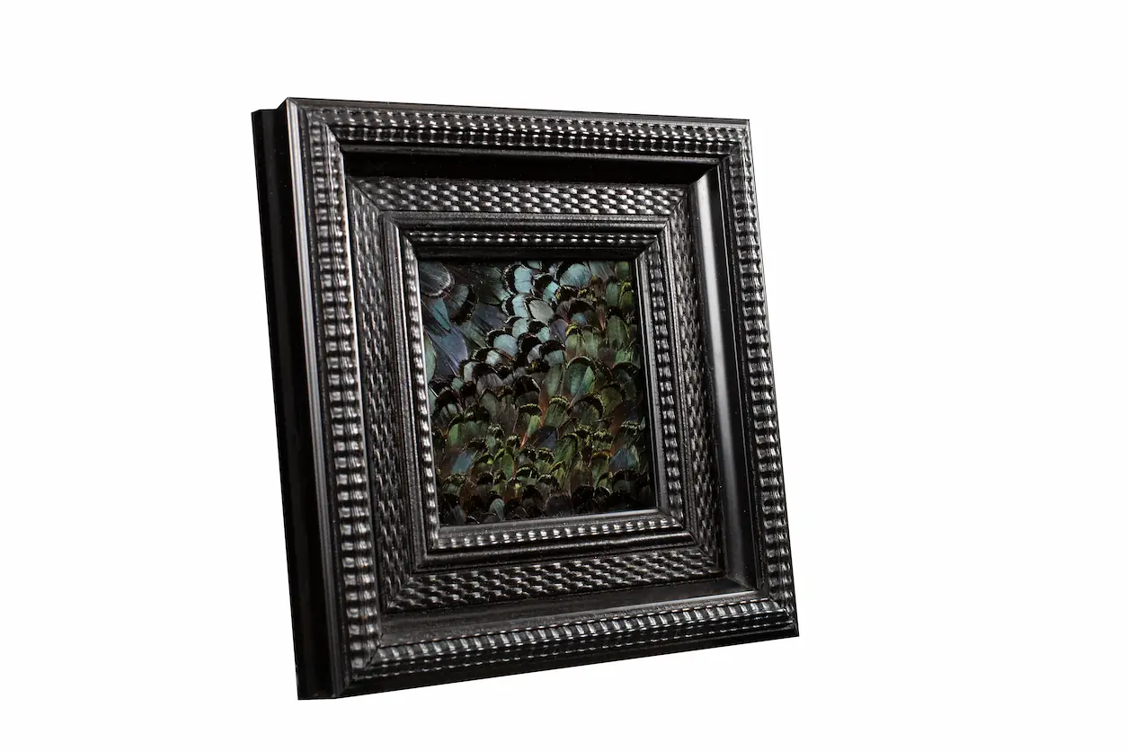Tableau en plumes de faisan LADY AMHERST vert et bleu, fabriqué artisanalement dans mon atelier