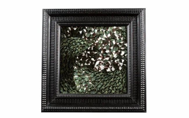 Tableau en plumes de faisan LADY AMHERST vert et vert blanc, fabriqué artisanalement dans mon atelier.