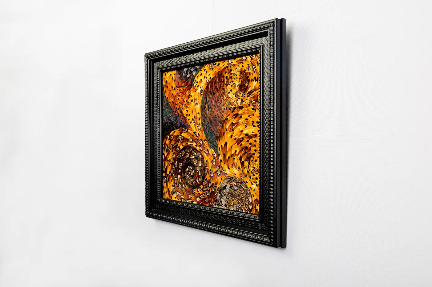 Feather framing featuring brown COLCHIS pheasant feathers with patterns